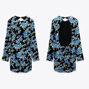 Zara Shoulder Padded Floral Print Mini Dress Size Large Open Back Long Sleeve